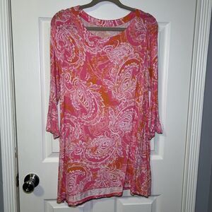 Belle By Kim Gravel Women's Medium Pink Orange Paisley Tunic 3/4 Sleeve Top NWOT